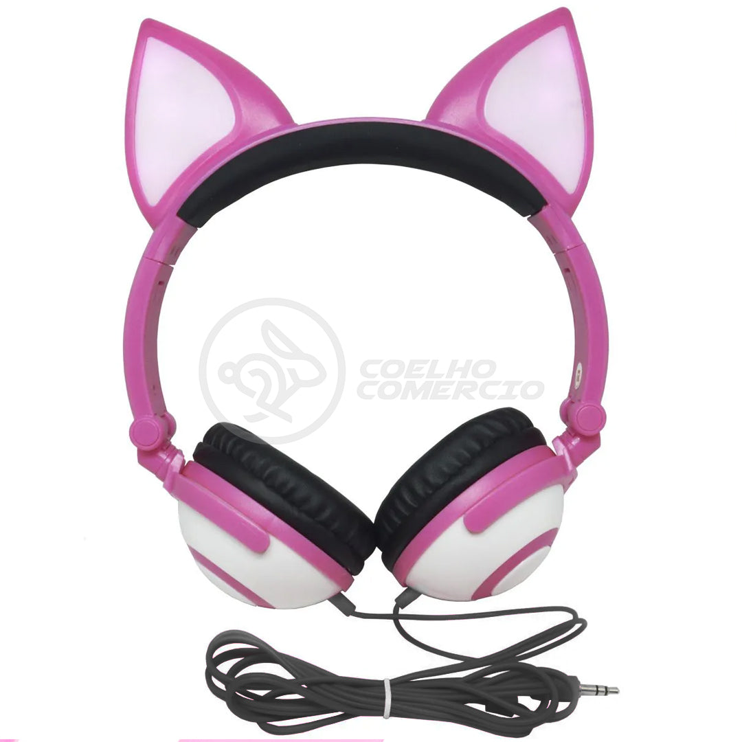 Fone Gatinho LED Dobrável Infantil Rosa c/ Microfone