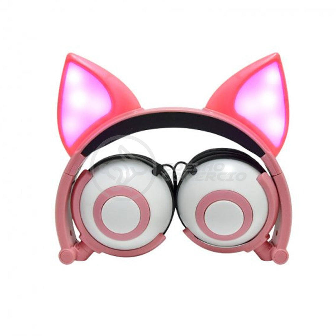 Fone Gatinho LED Dobrável Infantil Rosa c/ Microfone