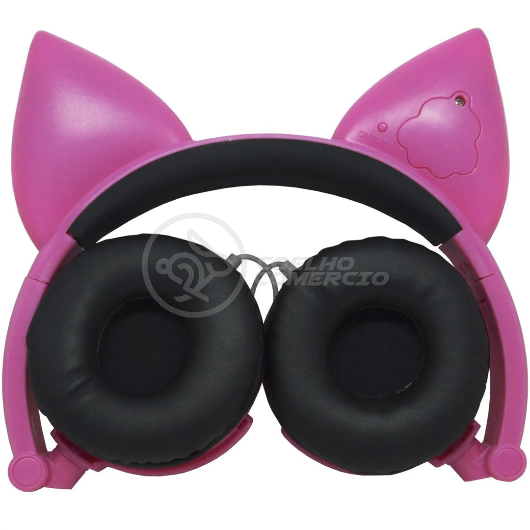 Fone Gatinho LED Dobrável Infantil Rosa c/ Microfone